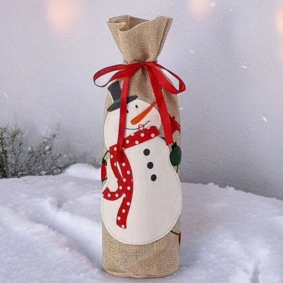 Holiday Snowman Burlap Wine Bottle Cover - Picture 1 of 5